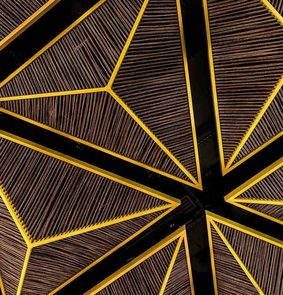 a unique ceiling design characterized by a strong architectural 3D frame in a bold color, filled with reeds.