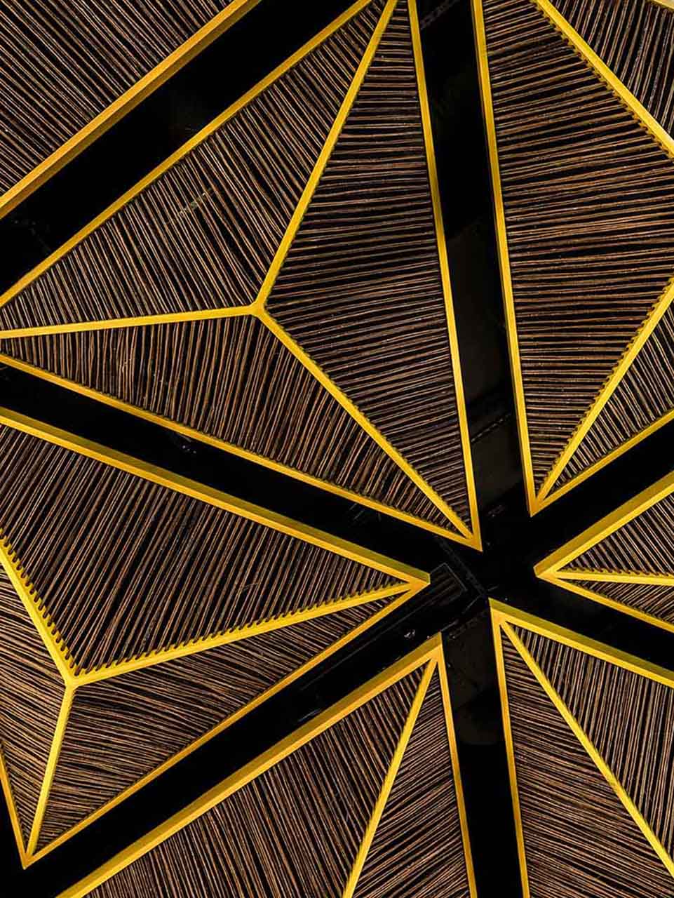 a unique ceiling design characterized by a strong architectural 3D frame in a bold color, filled with reeds.